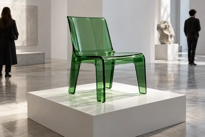Silla de acrílico verde translúcido expuesta en una galería blanca minimalista.