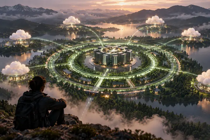 Anillos concéntricos de infraestructura de color verde pálido que rodean un nítido emblema central de procesamiento, con pequeños nodos de nube alrededor del perímetro.