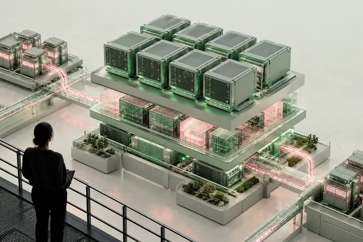Servidores de inferencia isométricos de color verde menta, representados con precisión, y capas de despliegue apiladas sobre un fondo pálido, con pequeñas etiquetas técnicas y discretos acentos rosas.