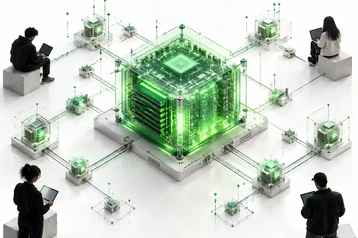 Un bloque de procesamiento isométrico de color verde luminoso, rodeado de finas anotaciones técnicas y pequeños nodos conectados, sobre un fondo blanco.
