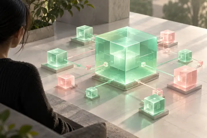 Un cubo de modelo translúcido de color verde menta conectado a cubos más pequeños de color menta y rosa en una ilustración técnica isométrica y limpia.