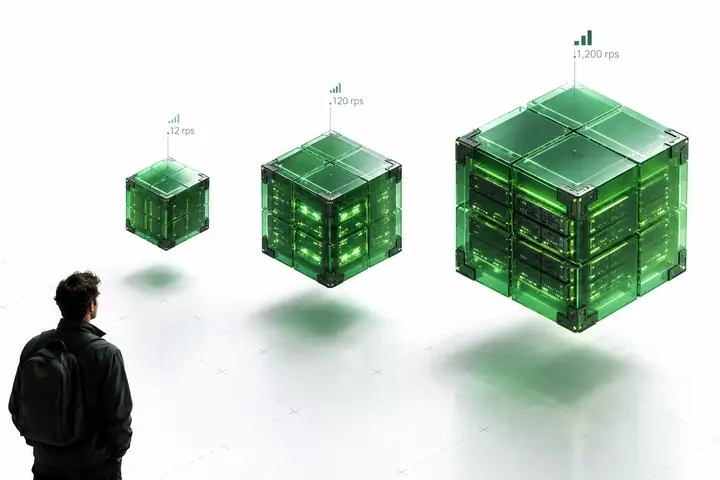 Tres cubos de procesamiento isométricos verdes de tamaño progresivamente mayor, con diminutas anotaciones de rendimiento, flotando sobre un lienzo técnico blanco y limpio.