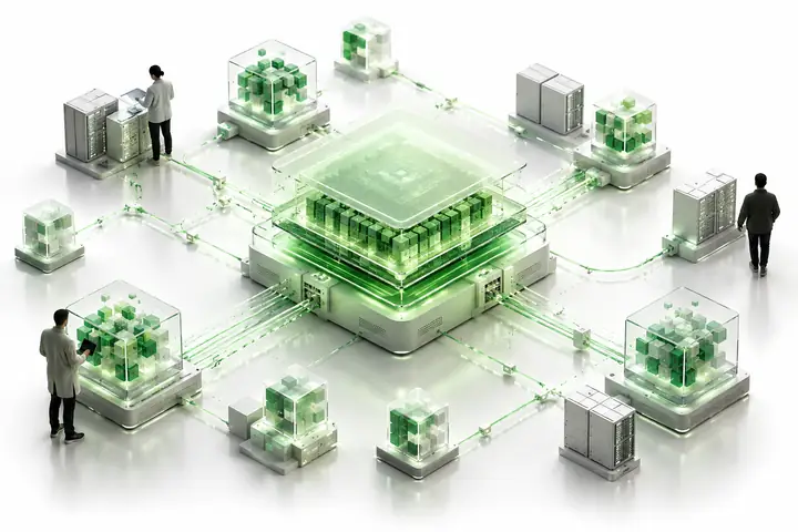 Infraestructura de entrenamiento isométrica con un núcleo de procesamiento en capas de color verde pálido, pequeños cubos de datos y delicadas líneas de conexión sobre blanco.