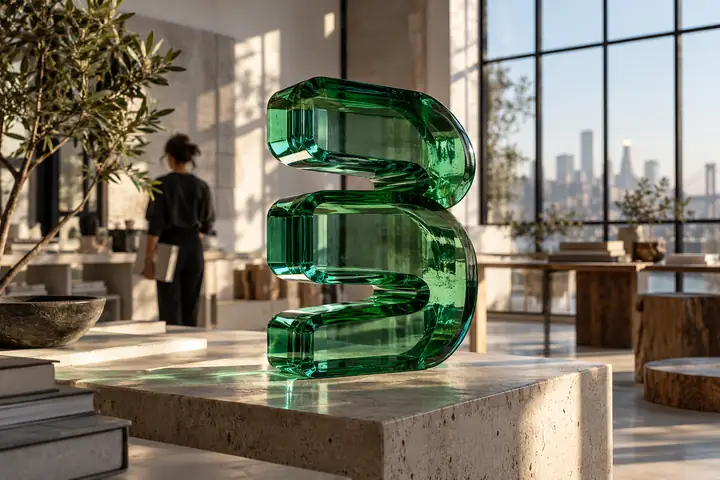 Escultura de vidrio esmeralda en un luminoso estudio de arquitectura, fotografía editorial de producto en primer plano.