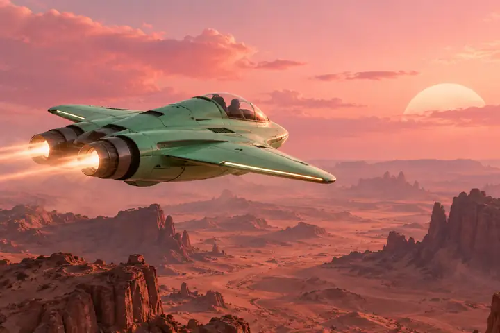 Nave espacial retrofuturista de color verde menta que vuela por un cielo desértico de un rosa suave.