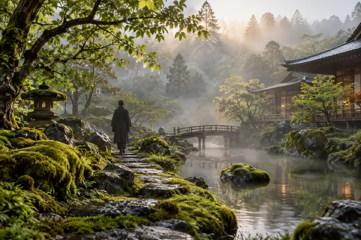 Jardín japonés cubierto de musgo justo después de la lluvia, con una neblina tenue y una suave luz matinal.